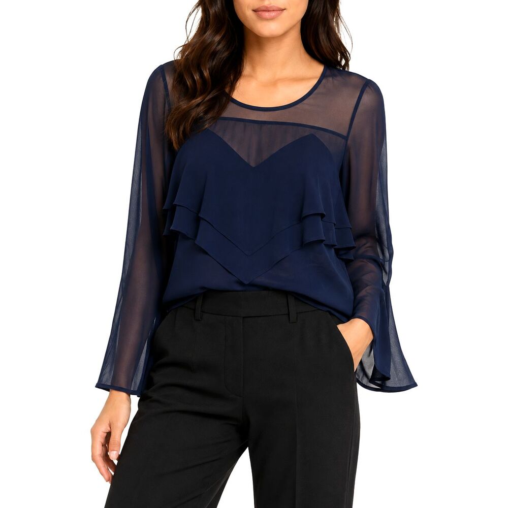 Express Womens Blouse S Blue Sheer Chiffon Ruffle Layered Long Sleeve Party Top